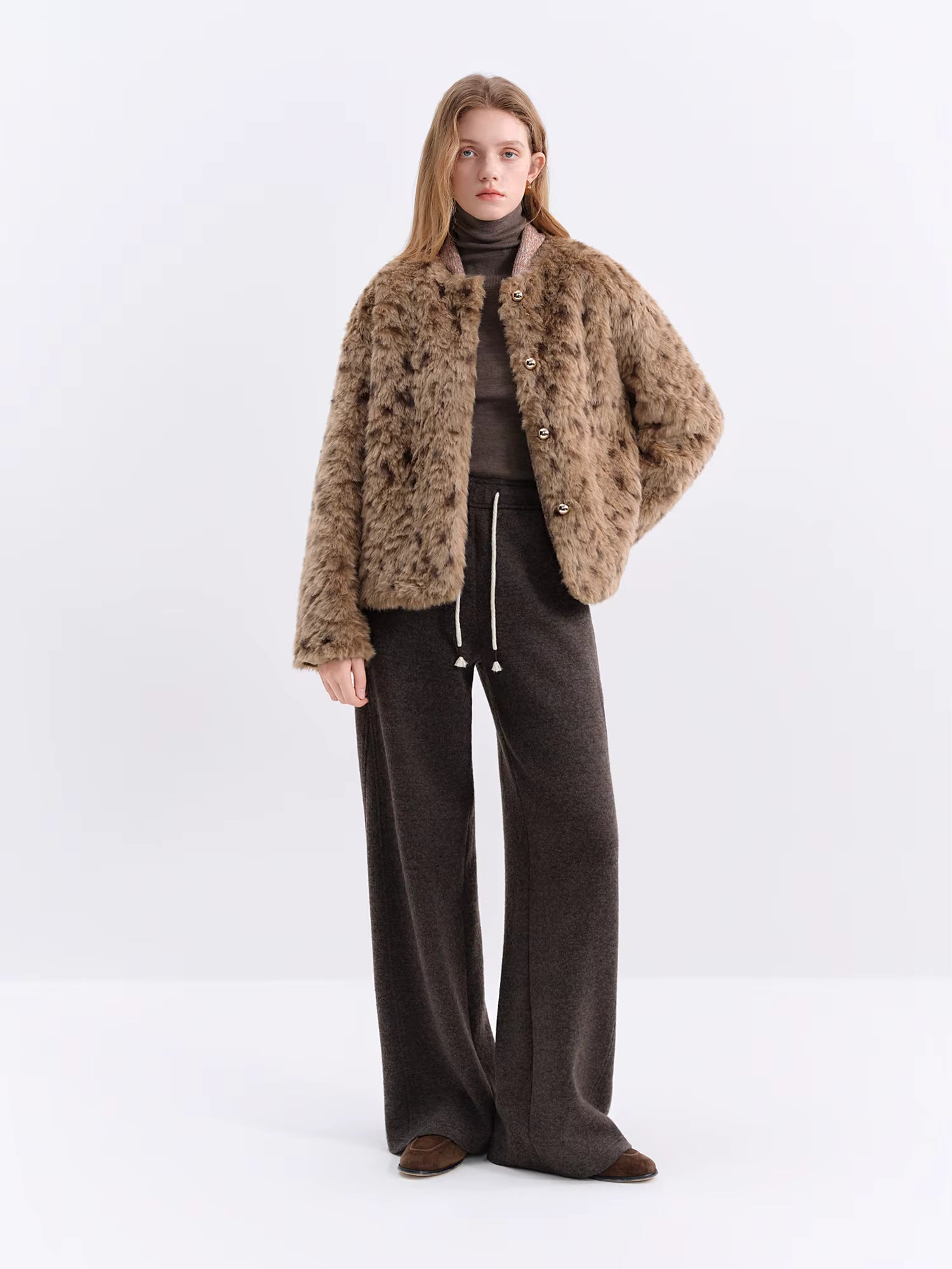 Chestnut Brown Leopard Print Women Faux Fur Stylish A-Line Trench Coat Fall Winter 2025 New Arrival Cozy Winter Essentials