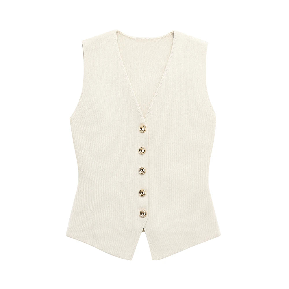 Women's Elegant Button-Down Vest & Pleated Maxi Skirt Set