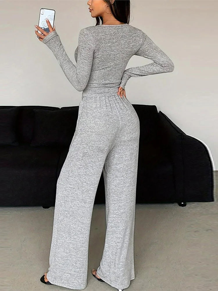 Women Two Piece Sets Pajama Set Sexy V-neck Long Sleeve Shirts Loose High Waist Wide Leg Pant Sets Lady Sleepwear Tracksuits
