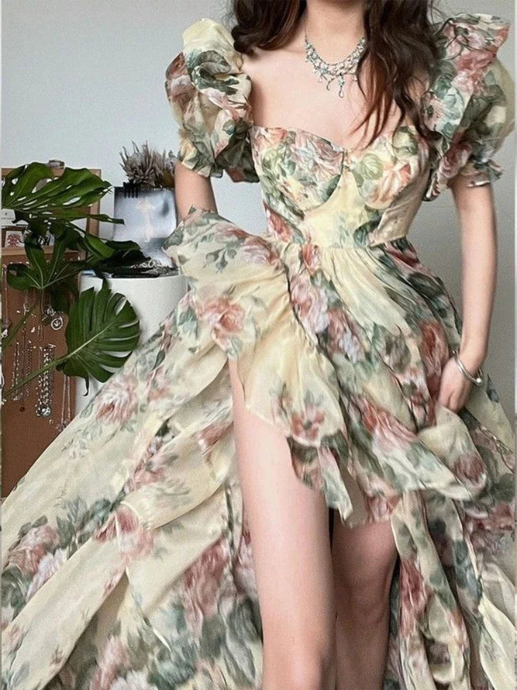 Floral Print Puff Sleeve Elegant Princess Evening Party Dress