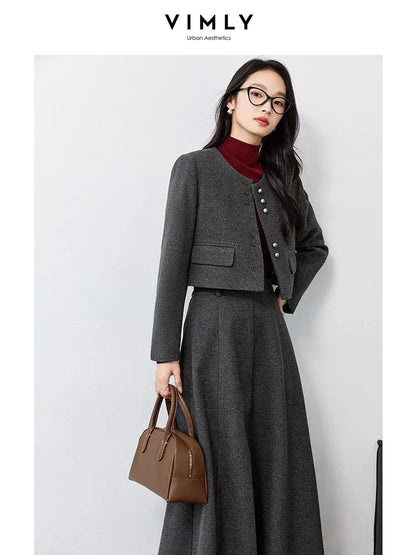 VIMLY Women's Simple Blazer and Skirt Set Fall Winter Elegant Little Fragrant Style Jacket Elastic Waist Skirt Commuter 2pcs Set