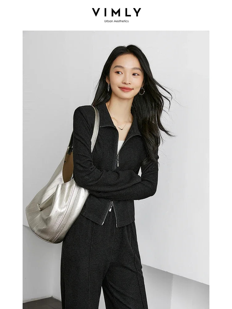 VIMLY Women's Sporty 2 Pieces Pants Sets  Autumn Simple Lapel Top Straight Pant Comfort New Office Lady Matching Sets M9037