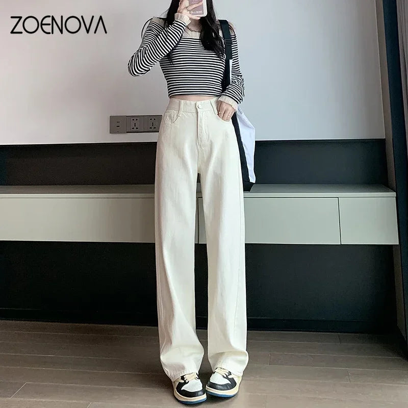 High Waisted Jeans Y2K Fashion Women Clothing Blue Black Straight Leg Denim Pants