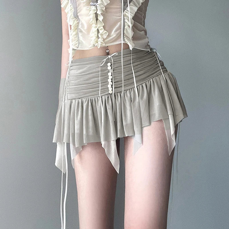 Transparent Mesh Mini Skirt Y2k Irregular Low Rise Patchwork Pleated Skirts for Women Vintage 90s Clothing Ladies