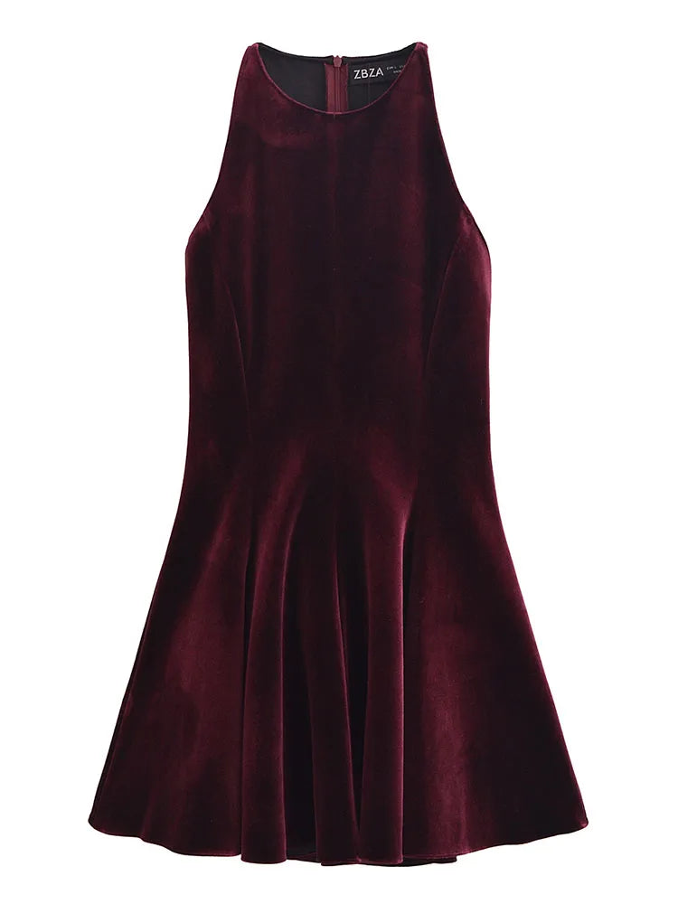 TRAF Women Velvet Pleated Mini Dresses 2024 Fashion O-neck Sleeveless Causal Tank Dress Back Zipper Chic Folds Party Dress