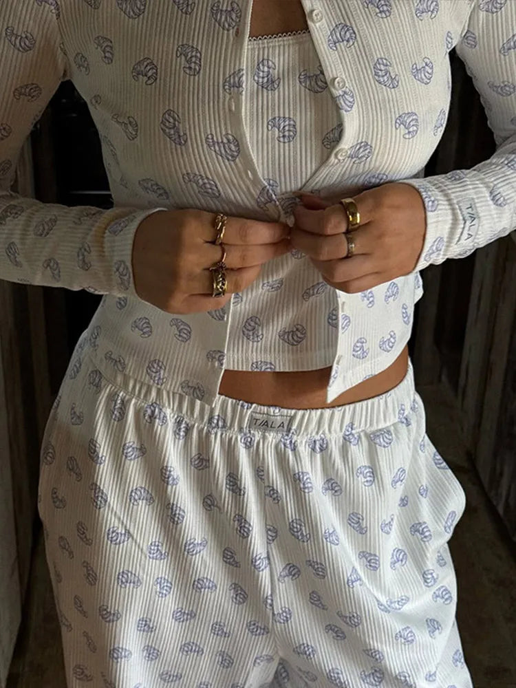 Knitted Printed Vest Cardigan Pant 3 Piece Set Women Elegant Slim Sling Vests Full Sleeve Sweater Elastic Long Pants Sets Female
