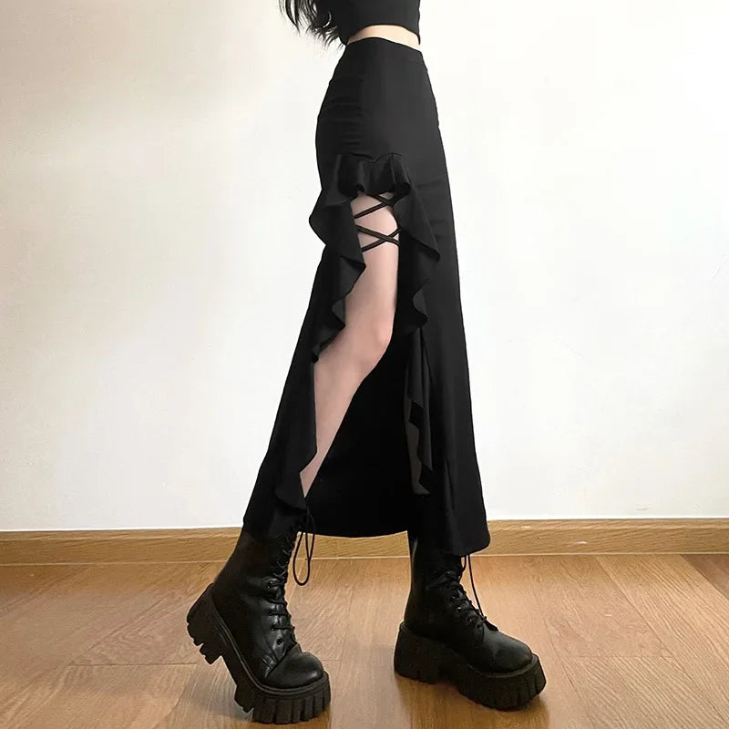 Gothic Black High Waist Bodycon Mid Skirt E-Girl Punk Ruffles Split A-Line Skirts Y2K Fashion Women Streetwear Bottoms