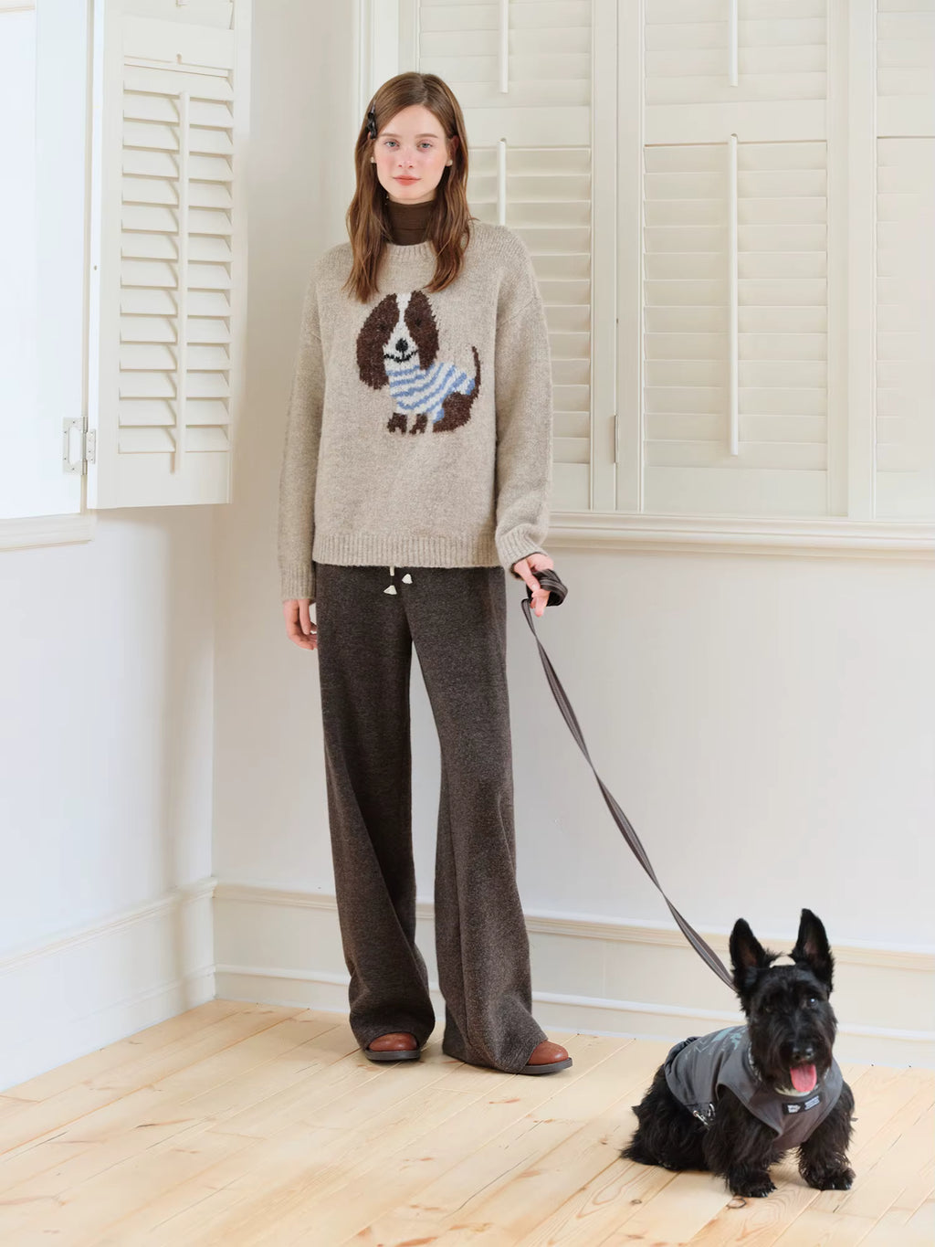 Round Neck Wool Cartoon Puppy Pattern Knitted Sweater Top for Women New Winter 2025 Style Age-reducing Leisure