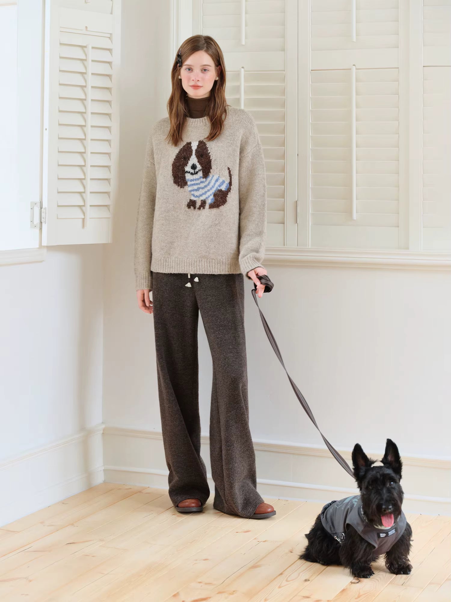 Round Neck Wool Cartoon Puppy Pattern Knitted Sweater Top for Women New Winter 2025 Style Age-reducing Leisure