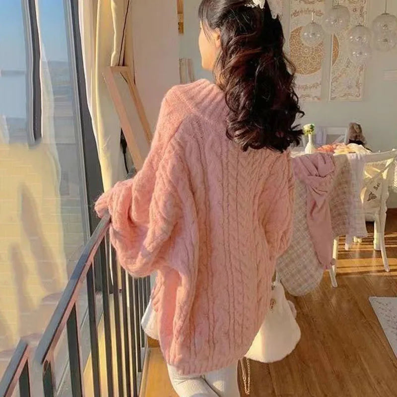 Lucyever Autumn Winter Women Sweater Lazy Style Oversized Thick Long Sleeve Knitted Pullover Female Korean Loose V-Neck Jumper