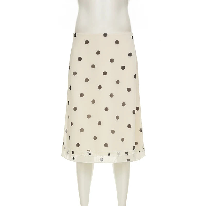 Vintage Polka Dot Bias Midi Skirt with Ruffle Hem