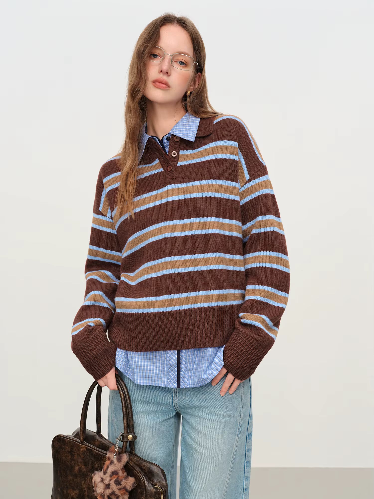 Casual Contrast Color Striped Turn Down Collar Sweater Women Loose 2025 Winter New Retro Sweater Soft Cozy Homewear
