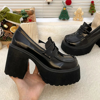 Super High Heels Loafers Women 2024 Spring Patent Leather Chunky Platform Pumps Woman Slip On Black Jk Uniform Shoes Mary Janes