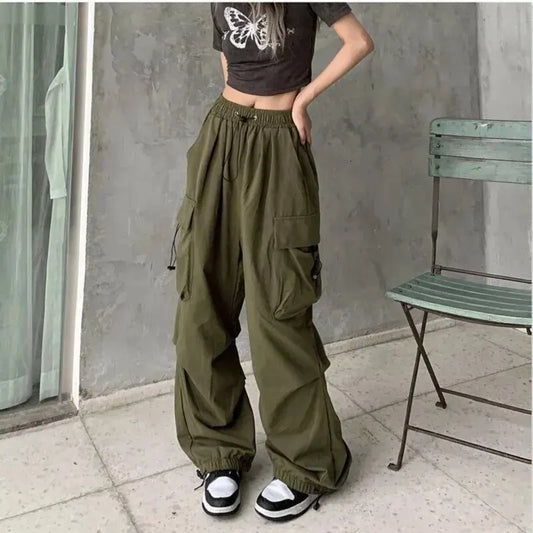 1pc Women Big Pockets Cargo Y2k High Elastic Waist Drawstring Baggy Trousers Vintage Casual Loose Side Zipper Straight Pants