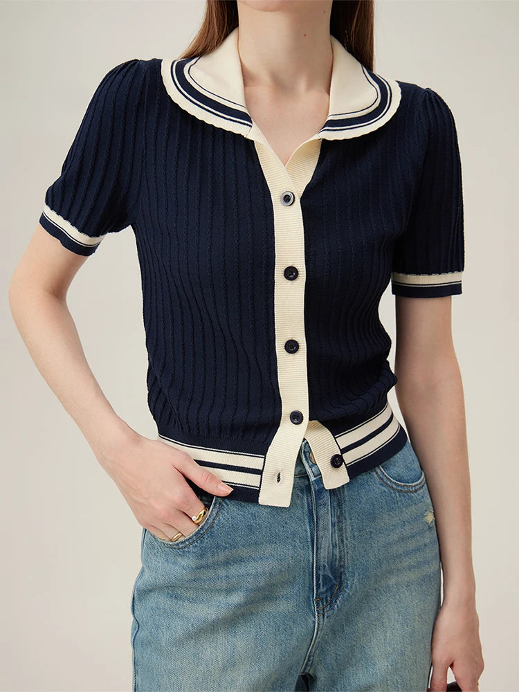 Contrast Polo Collar Knitted Cardigan Women Knitwear