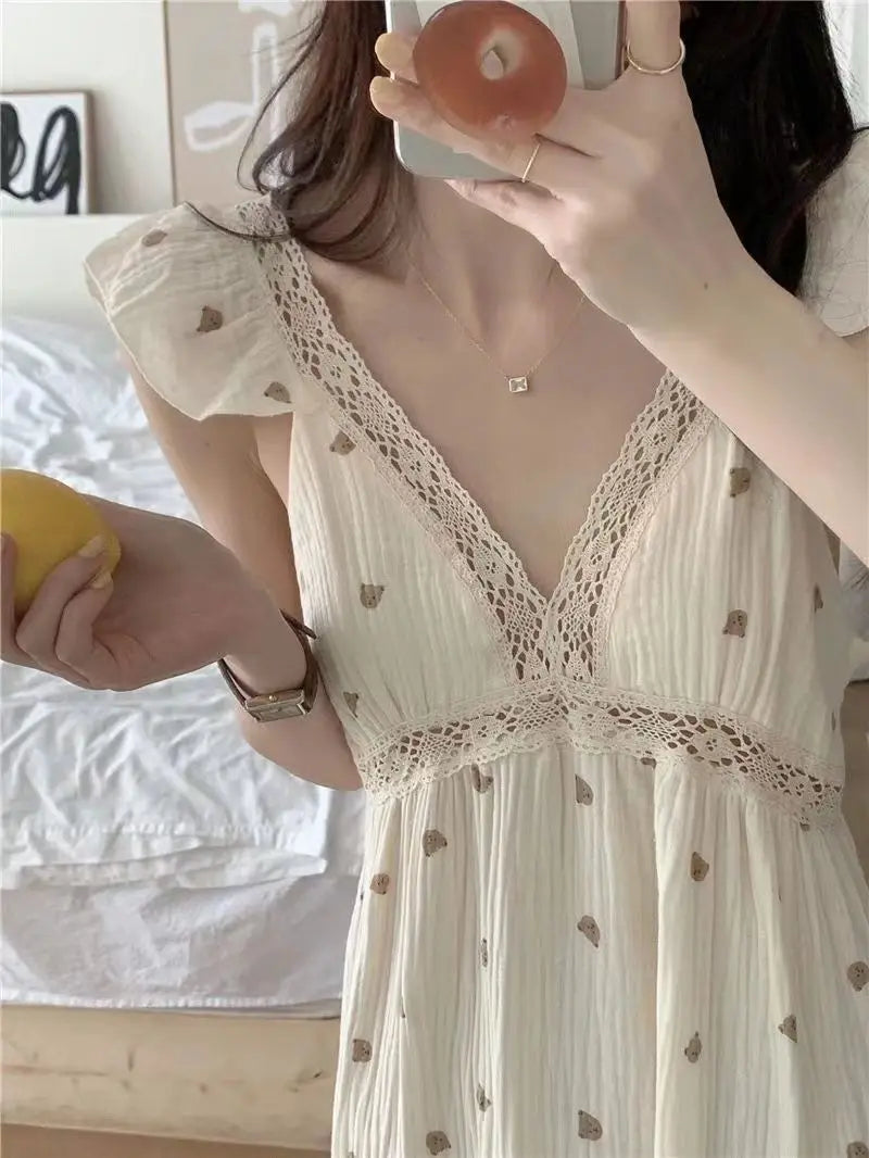 Cute Pajamas Summer Bear New Slip Dress Pajamas Women's Home Clothes Pyjamas Bathrobe Cotton Nightie The Nightgown Sexy Sleeping