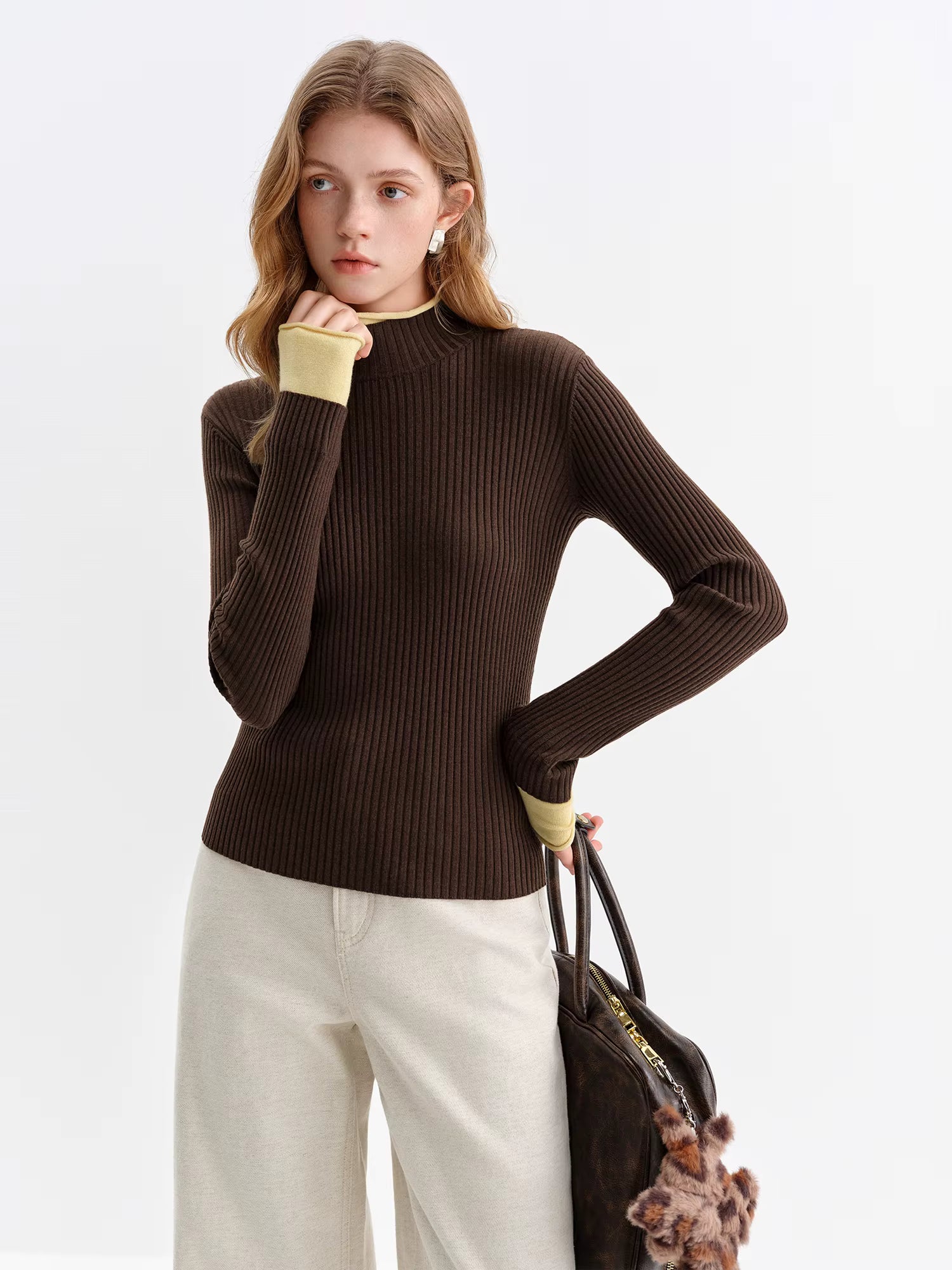 Autumn Winter Women's Color Block Fake Two Piece Style Slim Knit Sweater Office Elegant Pullover Casual Commute Chic Tops