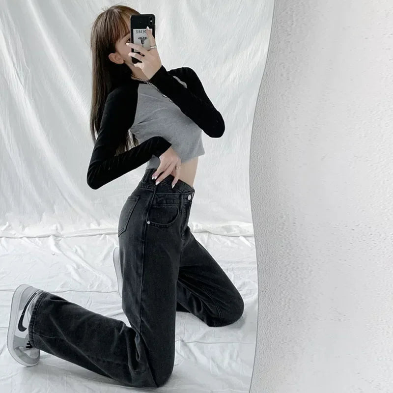 ZOENOVA Jeans Women Wide Leg Pants Mom Femme Black Blue Jeans High Waist Woman Trousers
