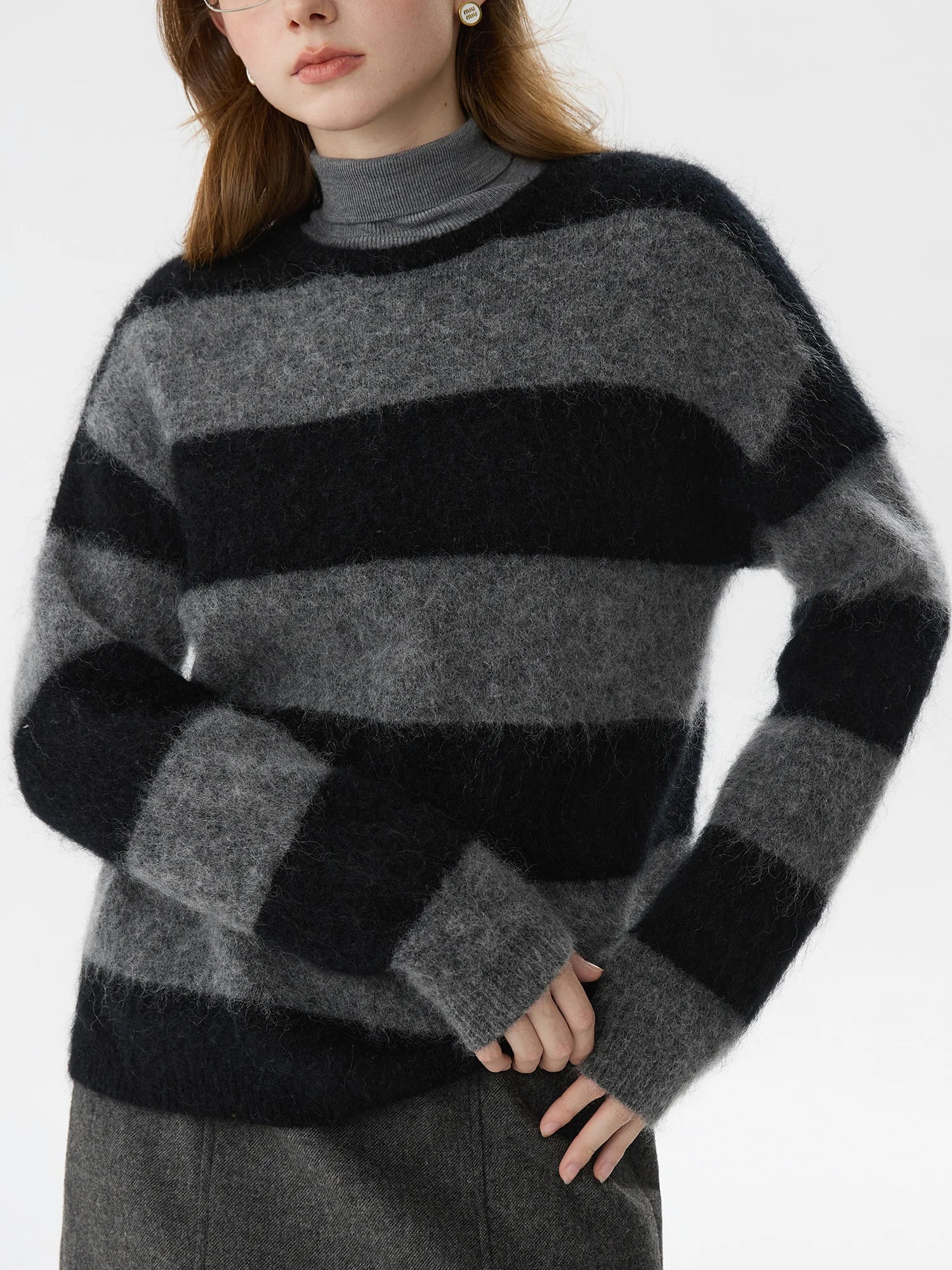 FSLE Office Lady Mohair Retro Striped Knitted Sweater for Women Autumn Winter Black Gray Striped Casual Loose Sweater 24FS14385
