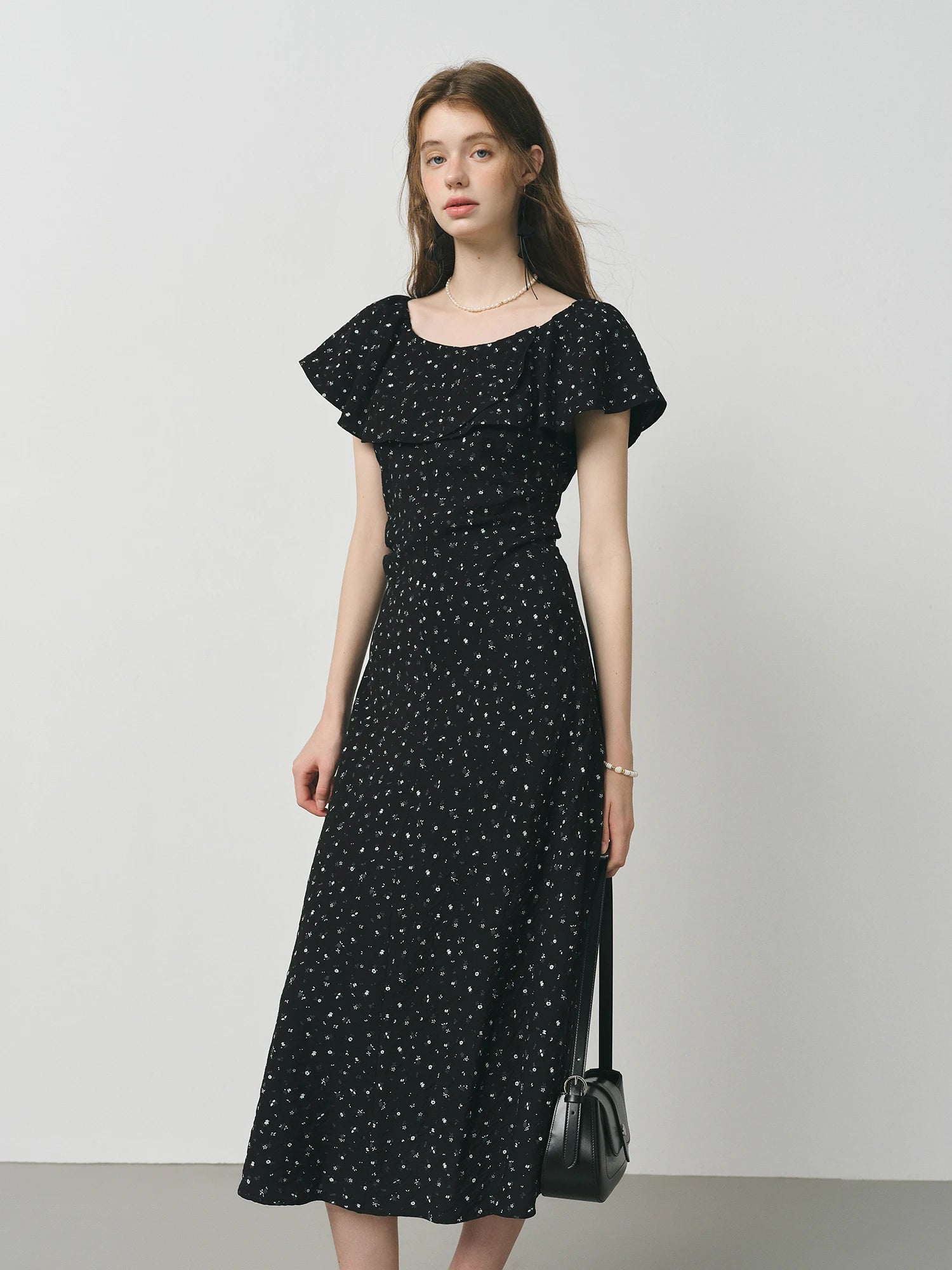 FSLE French Charmeuse Ruffled Floral Print Off Shoulder Skirt Dress for Women 2025 Summer  New Arrival Dresses