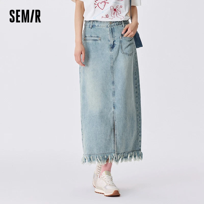 Semir Denim Skirt Women Distressed Trendy Personality Trendy Cool Autumn Street Retro Style Frayed Edge Slit Straight-Leg Skirt