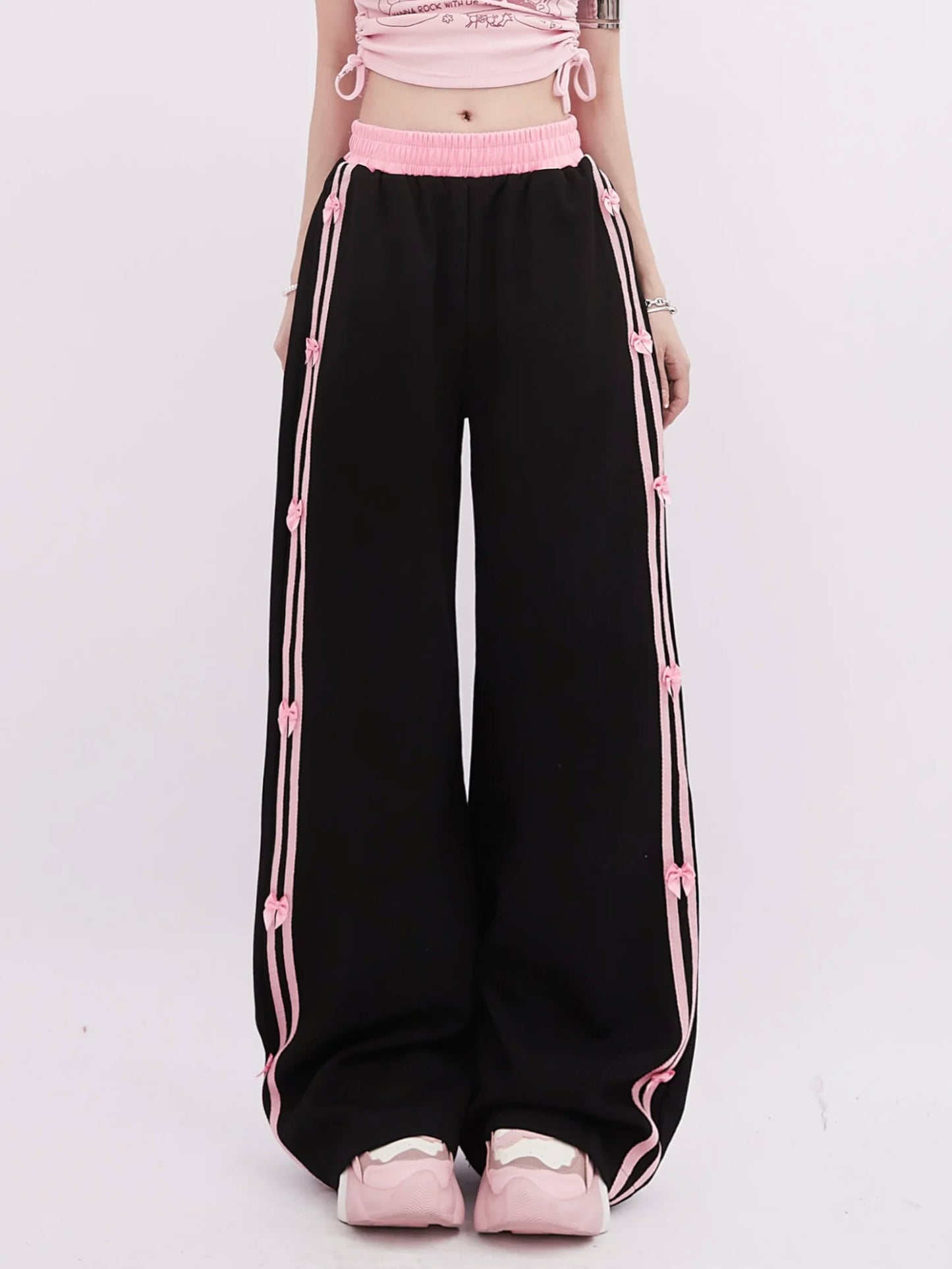 Women's Black Gothic Striped Pants Harajuku Streetwear Sweatpants Jogger Y2k 2000s Aesthetic Bow Pants Vintage Trousers Clothes