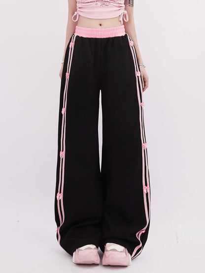 Women's Black Gothic Striped Pants Harajuku Streetwear Sweatpants Jogger Y2k 2000s Aesthetic Bow Pants Vintage Trousers Clothes