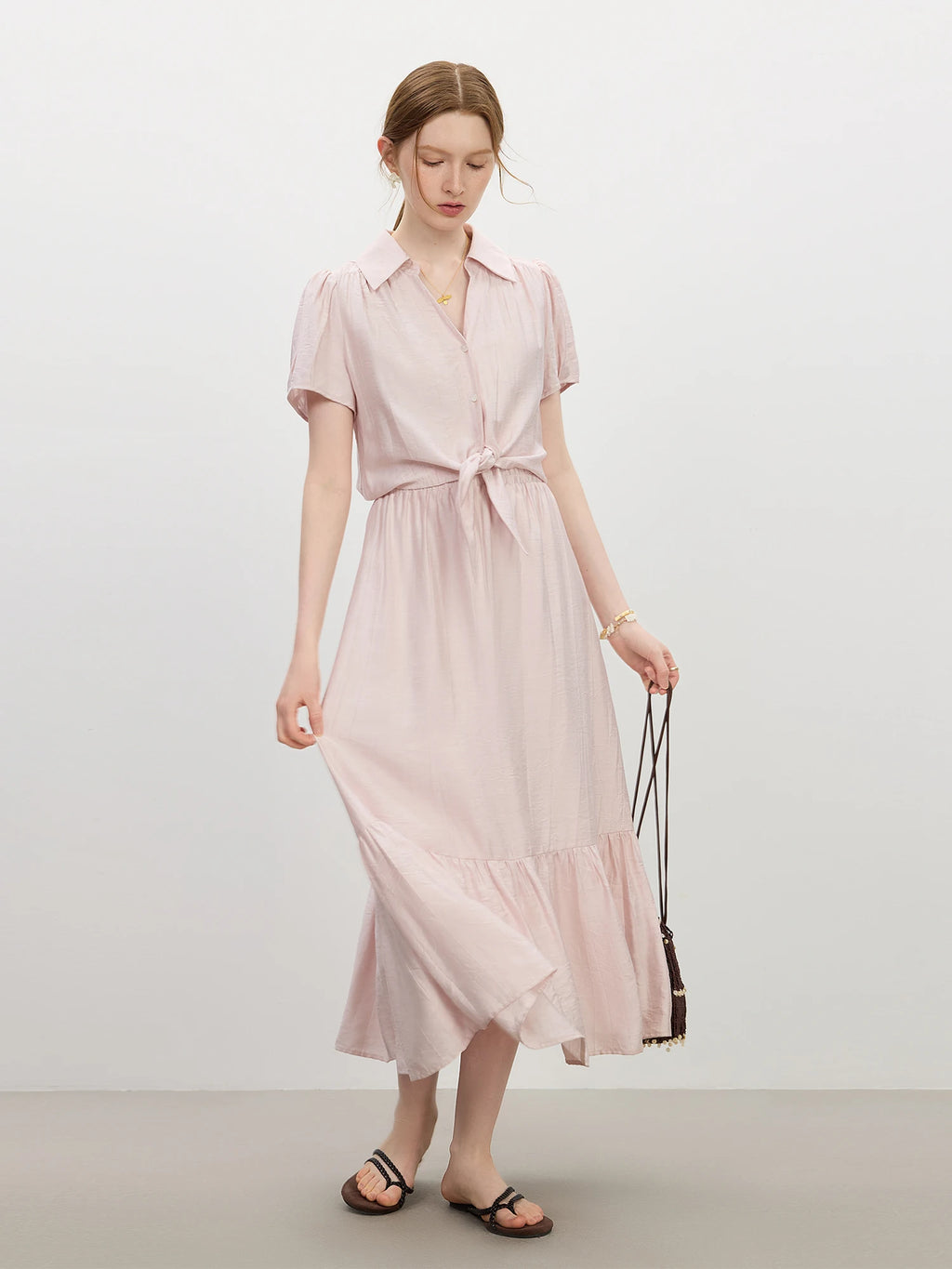 FSLE 2025 Summer French Style Dress Women's High Waist Vacation Dress Lapel Casual Elegant Midi Dress Trendy