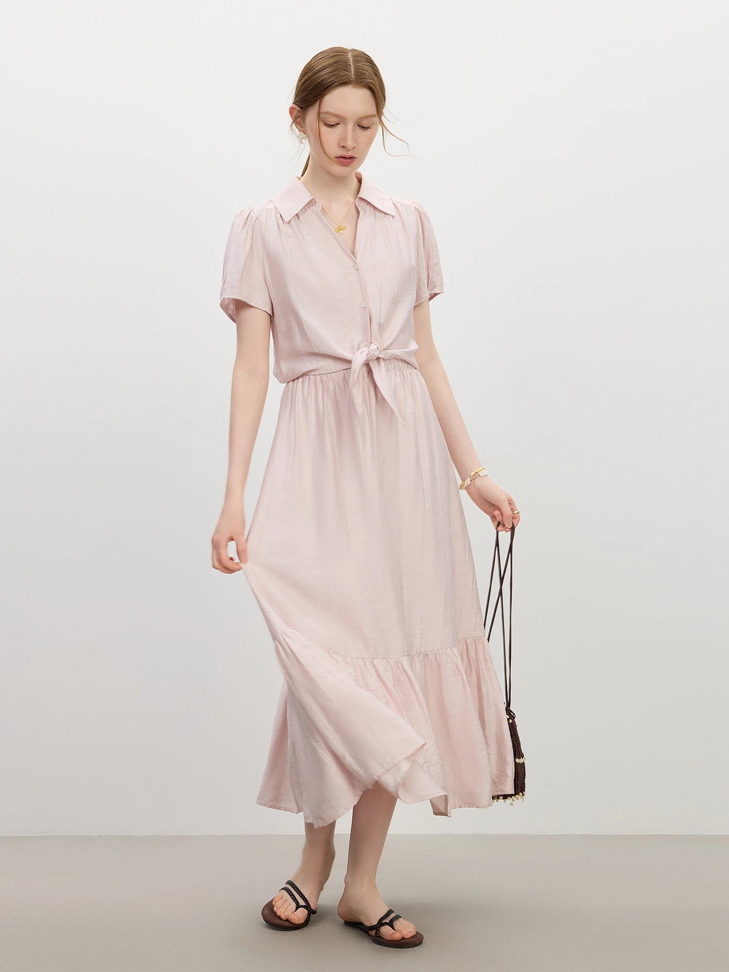 FSLE 2025 Summer French Style Dress Women's High Waist Vacation Dress Lapel Casual Elegant Midi Dress Trendy