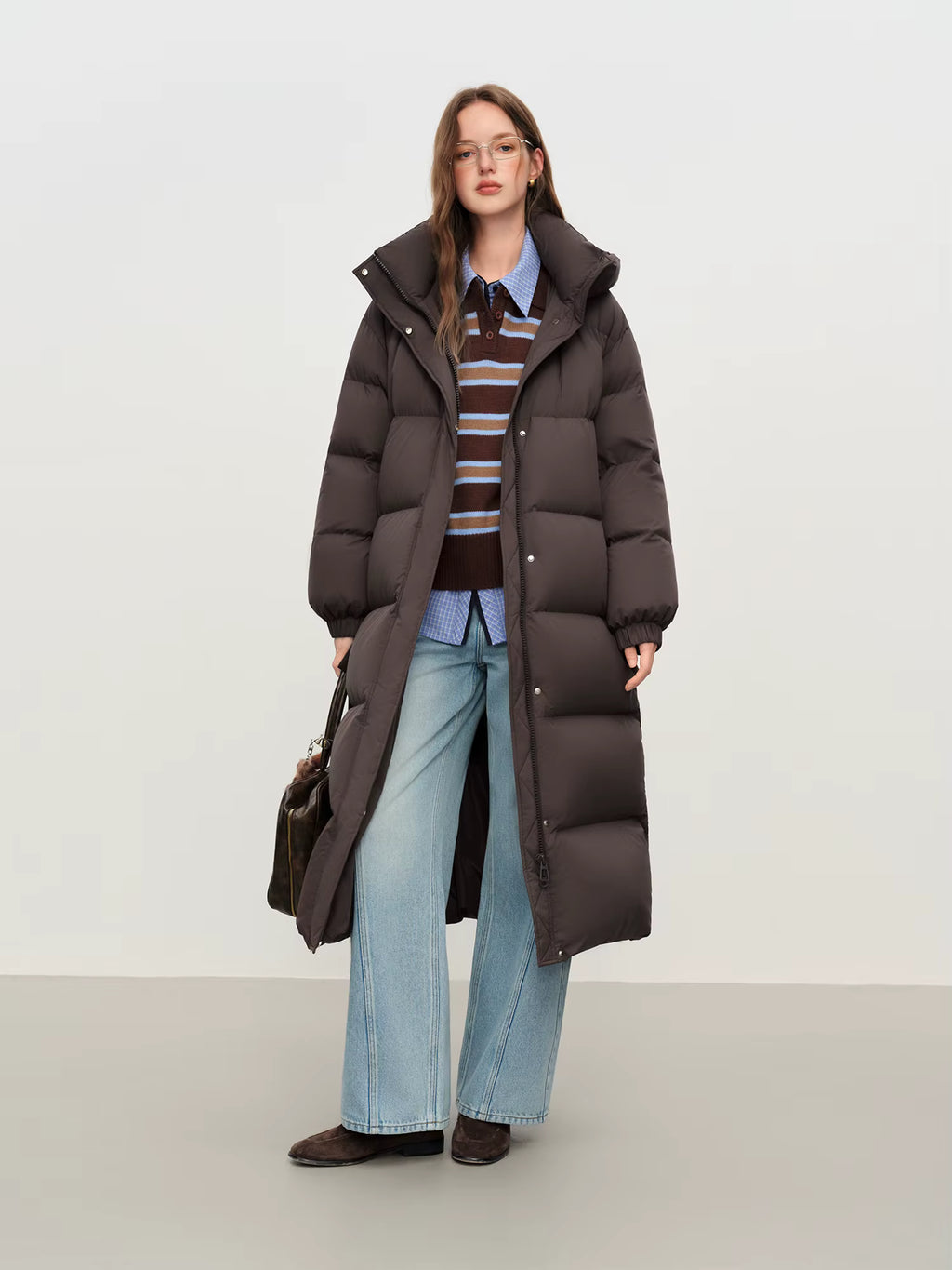 2025 Winter Women's Long Down Coat Stand Collar Hood Straight Cut Thermal Puffer Warm Windproof Outerwear for Cold Weather