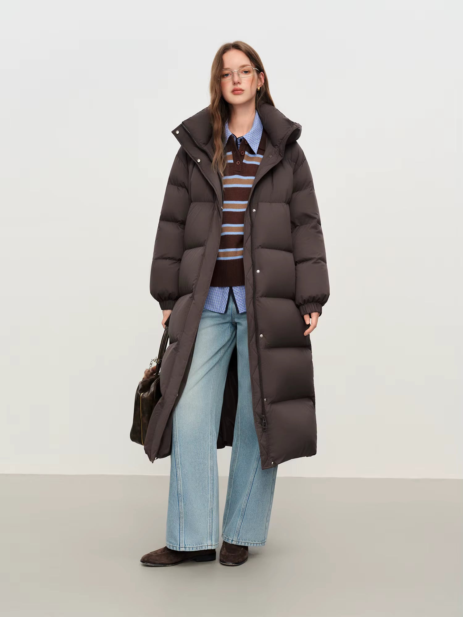 2025 Winter Women's Long Down Coat Stand Collar Hood Straight Cut Thermal Puffer Warm Windproof Outerwear for Cold Weather