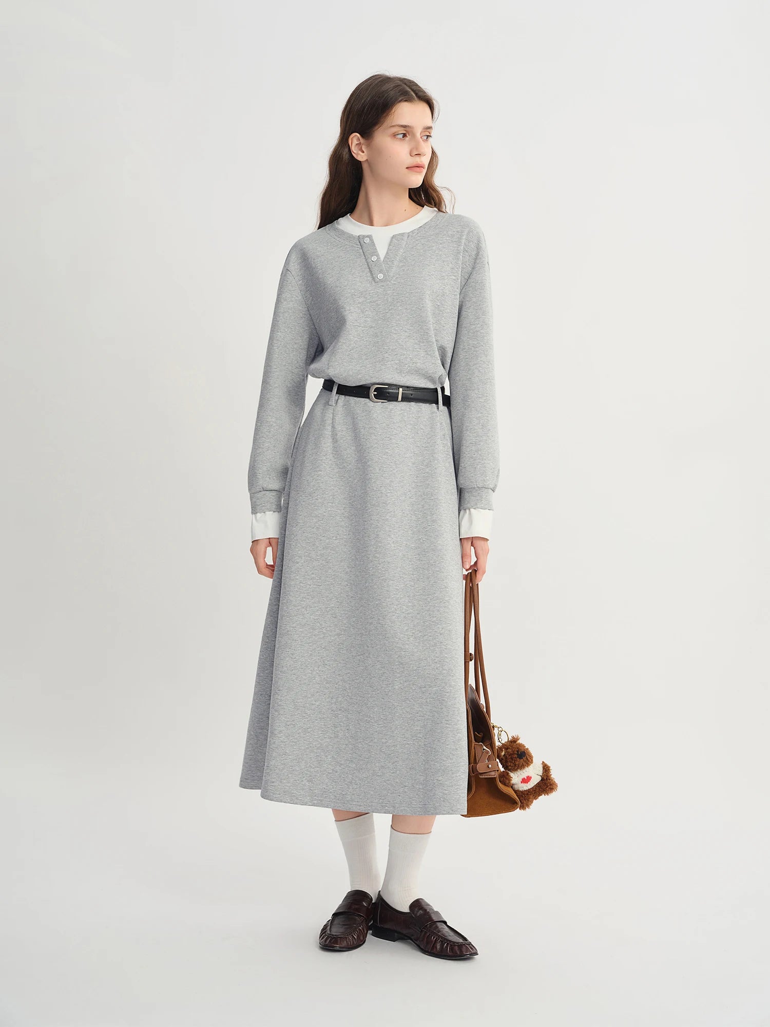 Autumn 2025 Women's Mock Layer Dress - Flattering Fit Versatile Length Shift Style Casual Elegant with Lace Trim