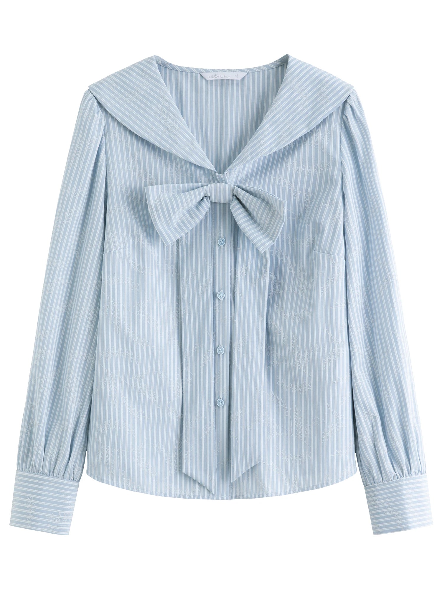 DUSHU Plus Size Women's Navy Collar Bow-Decorated Striped Shirt Dress 2025 Autumn Collection Gentle Youthful Style