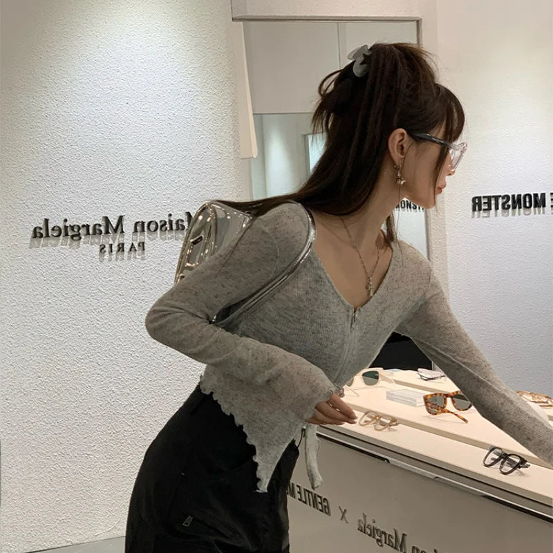 Long Sleeve Women Sunscreen Cardigan Summer Versatile Solid Color Thin Knitted Outwear Double Zipper Slightly Transparent Coats