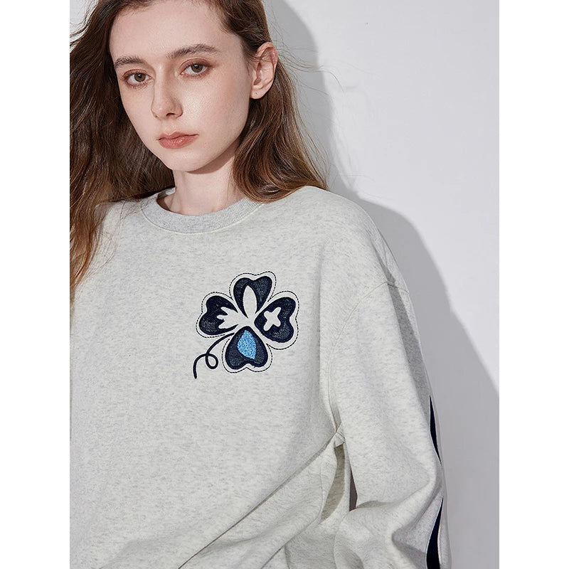 TOYOUTH Women Hoodies Sweatshirt 2024 Autumn New Clover Embrodiery Fleece Round Neck Warm Pullover Tops