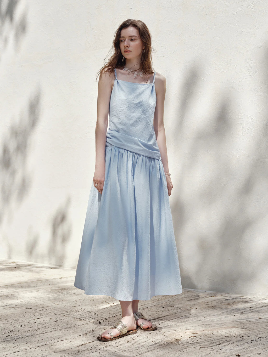 FSLE Elegant Pleated Off-Shoulder Strap Long Dress 2025 Summer New Romantic Slimming Gown for Women