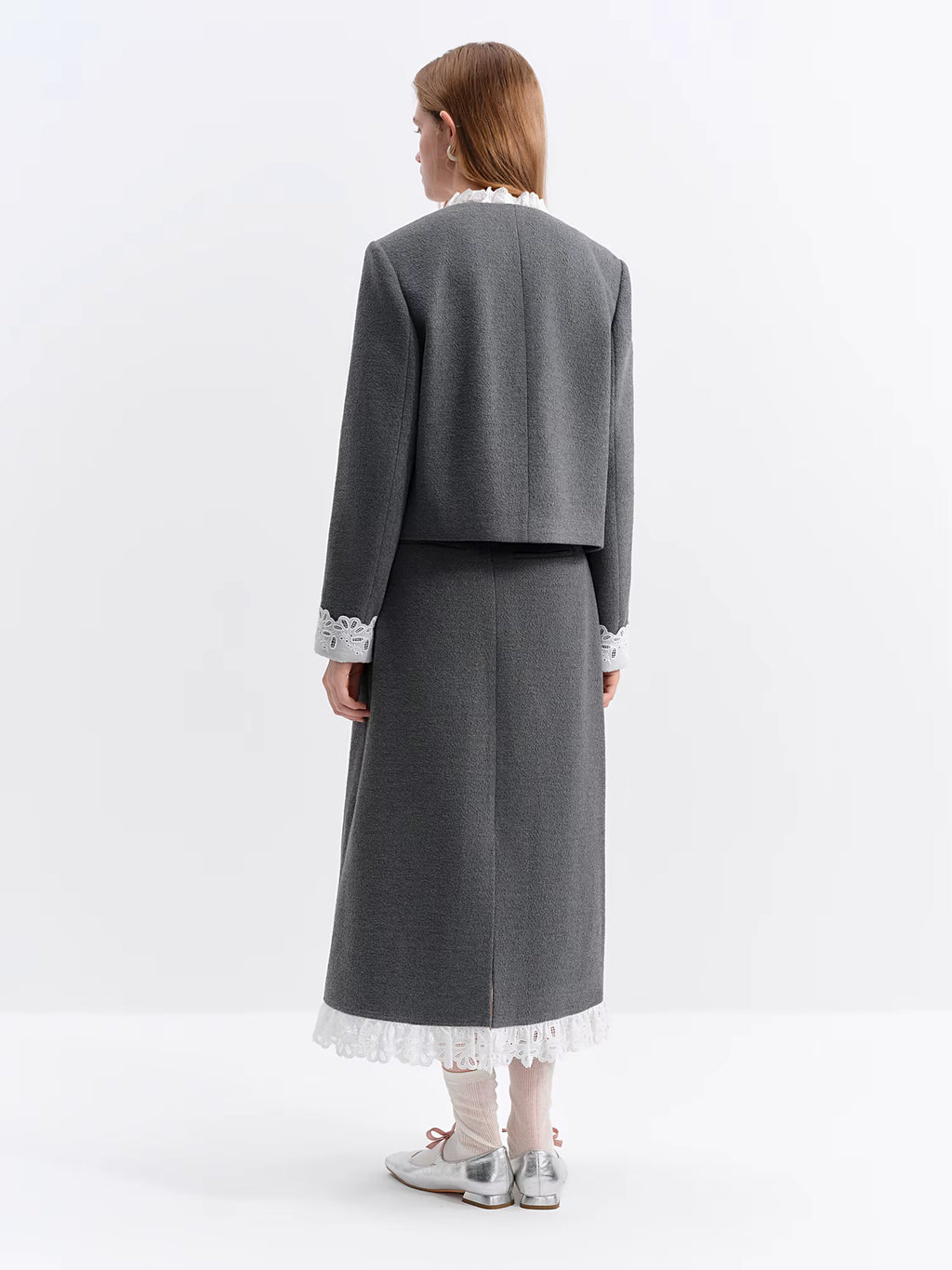 Chic Women's Fall Winter 2025 New Sweet Lace Patchwork Design-Inspired Grey Skirt SetsTwo-Piece Coat and Mini Skirt Set