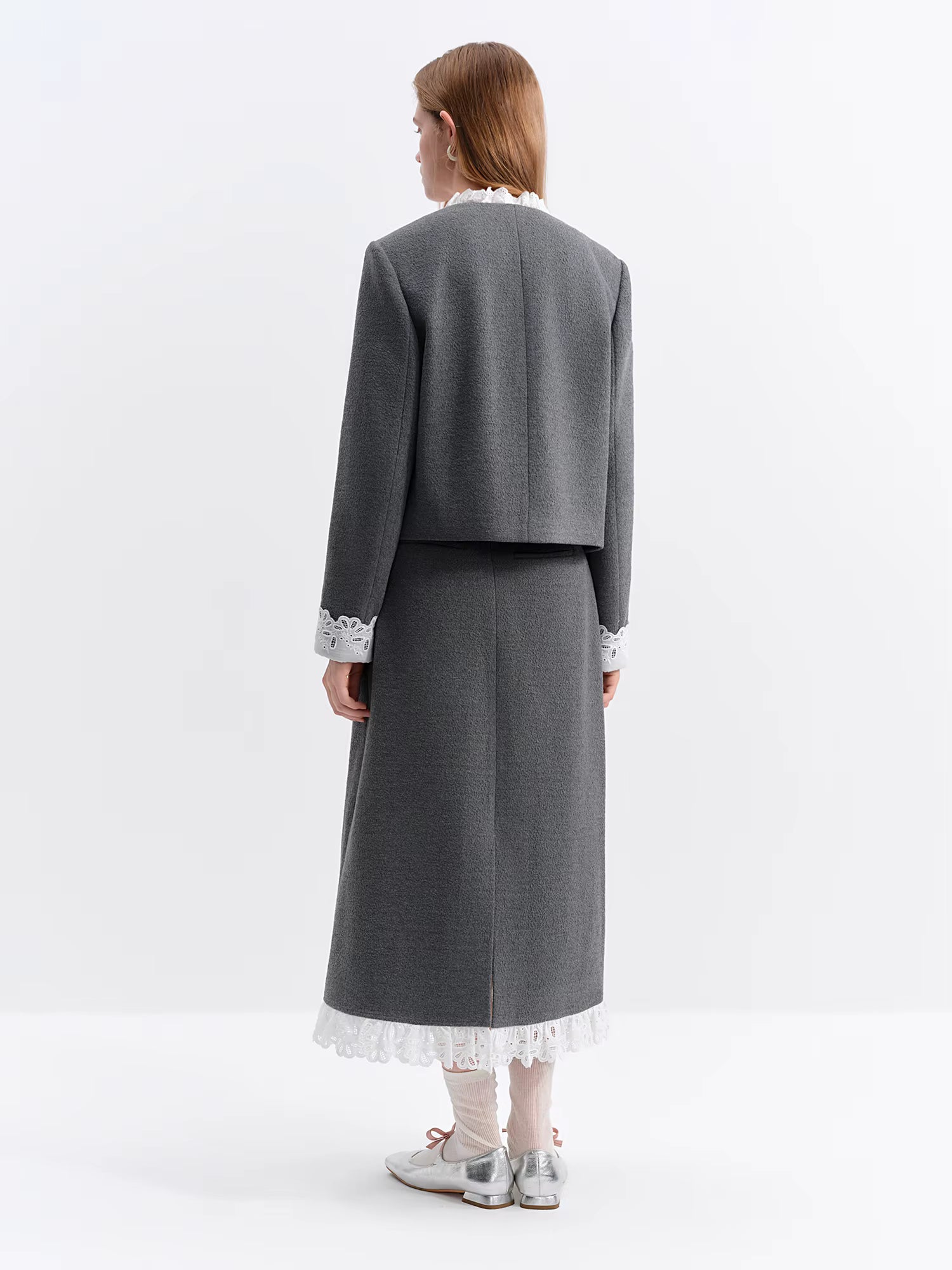 Chic Women's Fall Winter 2025 New Sweet Lace Patchwork Design-Inspired Grey Skirt SetsTwo-Piece Coat and Mini Skirt Set