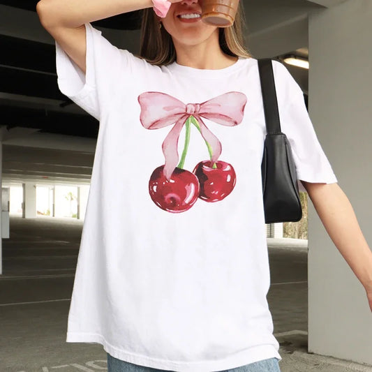 Cherry Bow Printed Women's Vintage T-Shirt Trendy Cute Coquette Tee Shirt Short Sleeve Cottagecore Aesthetic Tops Female Clothes