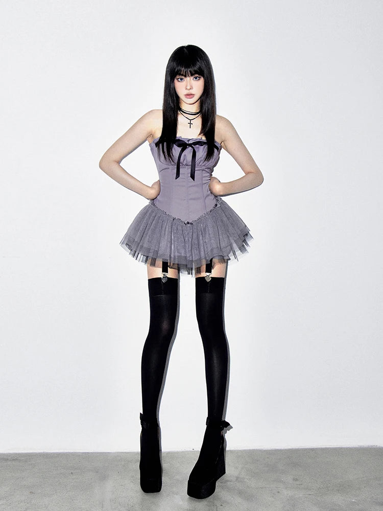 REDDACHiC Women Bowknot Corset Mini Dress Bloomers Balletcore Strapless Puffy Tulle Tutu Gown Ruffle Pumpkin Pants Retro Clothes
