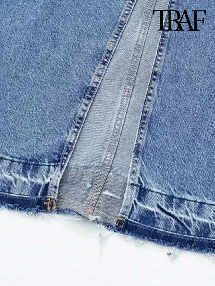 TRAF Women Fashion With Pockets Front Slit Denim Midi Skirt Vintage High Waist Zipper Fly Female Skirts Mujer