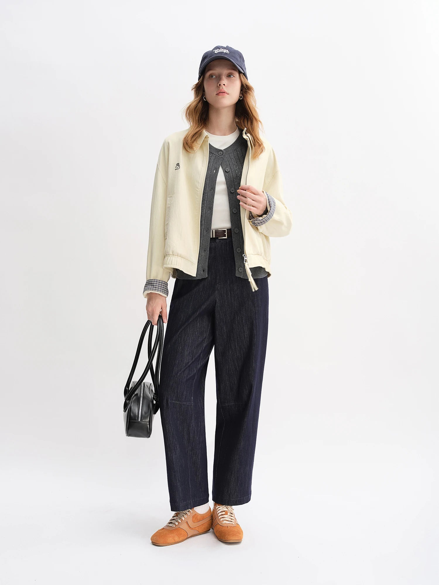 DUSHU Autumn 2025 Women's Vintage Wide Leg Jeans - Curve Flattering High Waist Stretch Denim Pants Arc Hem Casual Comfort Fit