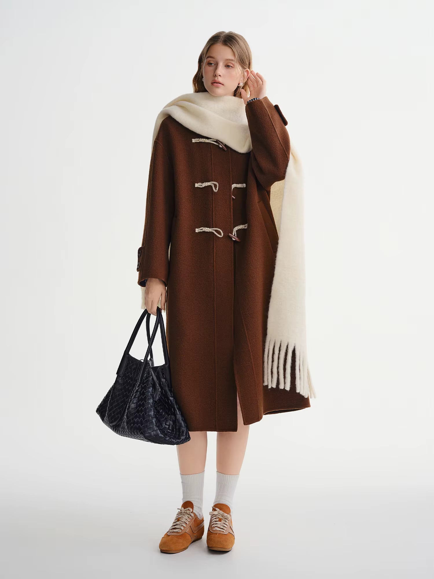 Winter 2025 Women's Horn Button Wool Blend Coat - Korean Style Double Faced Midi Length Stand Collar Casual Elegance