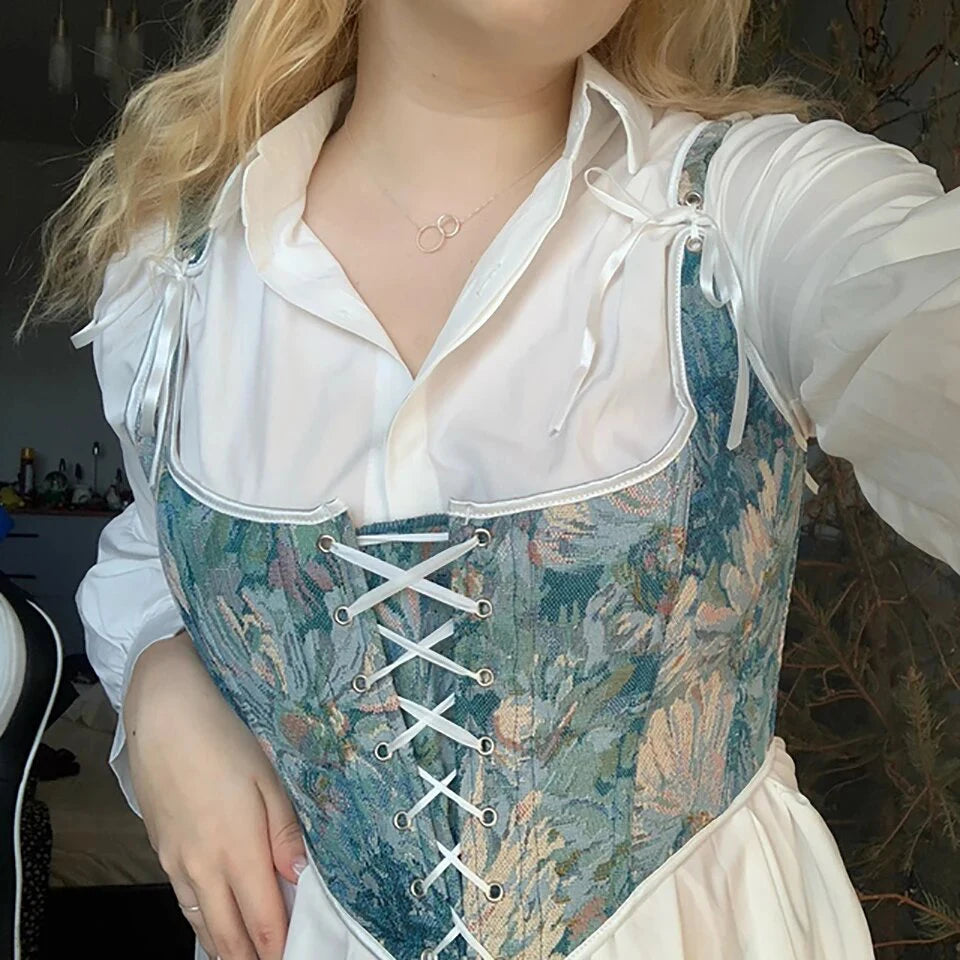 Floral Lace Up Corset Top Underbust Renaissance Corset Bustier Crop Top Vintage Corset Lace Tanks Camisole Fairycore Costume