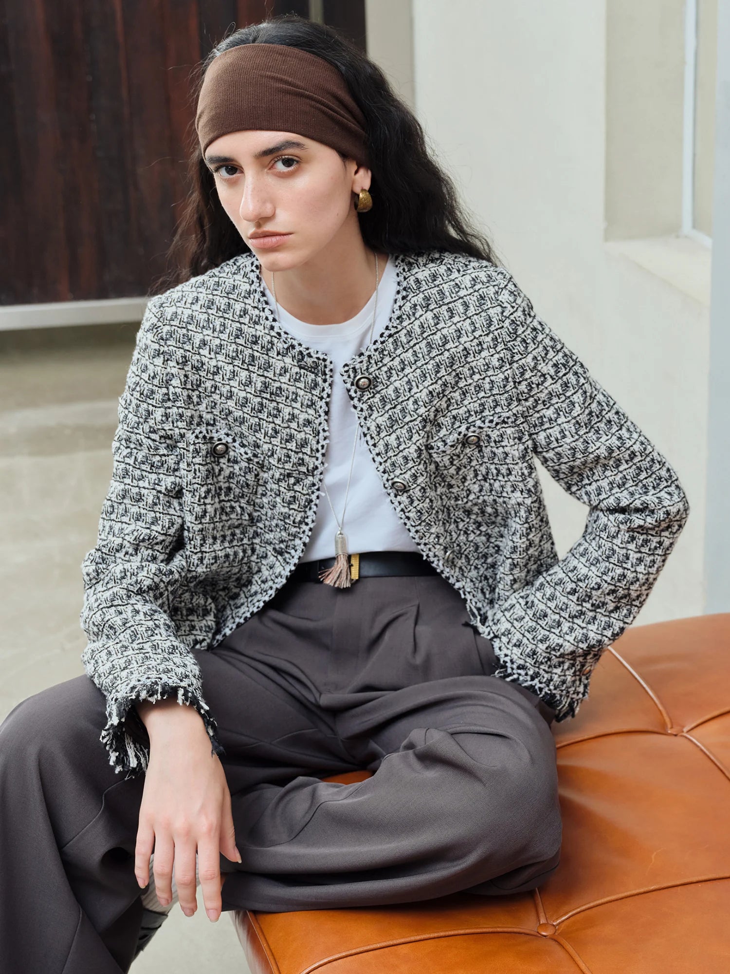 ZIQIAO Petite Plaid Tweed Jacket for Women 2025 Autumn New Chic Short Coat French Style Elegant Office Blazer Casual Outerwear