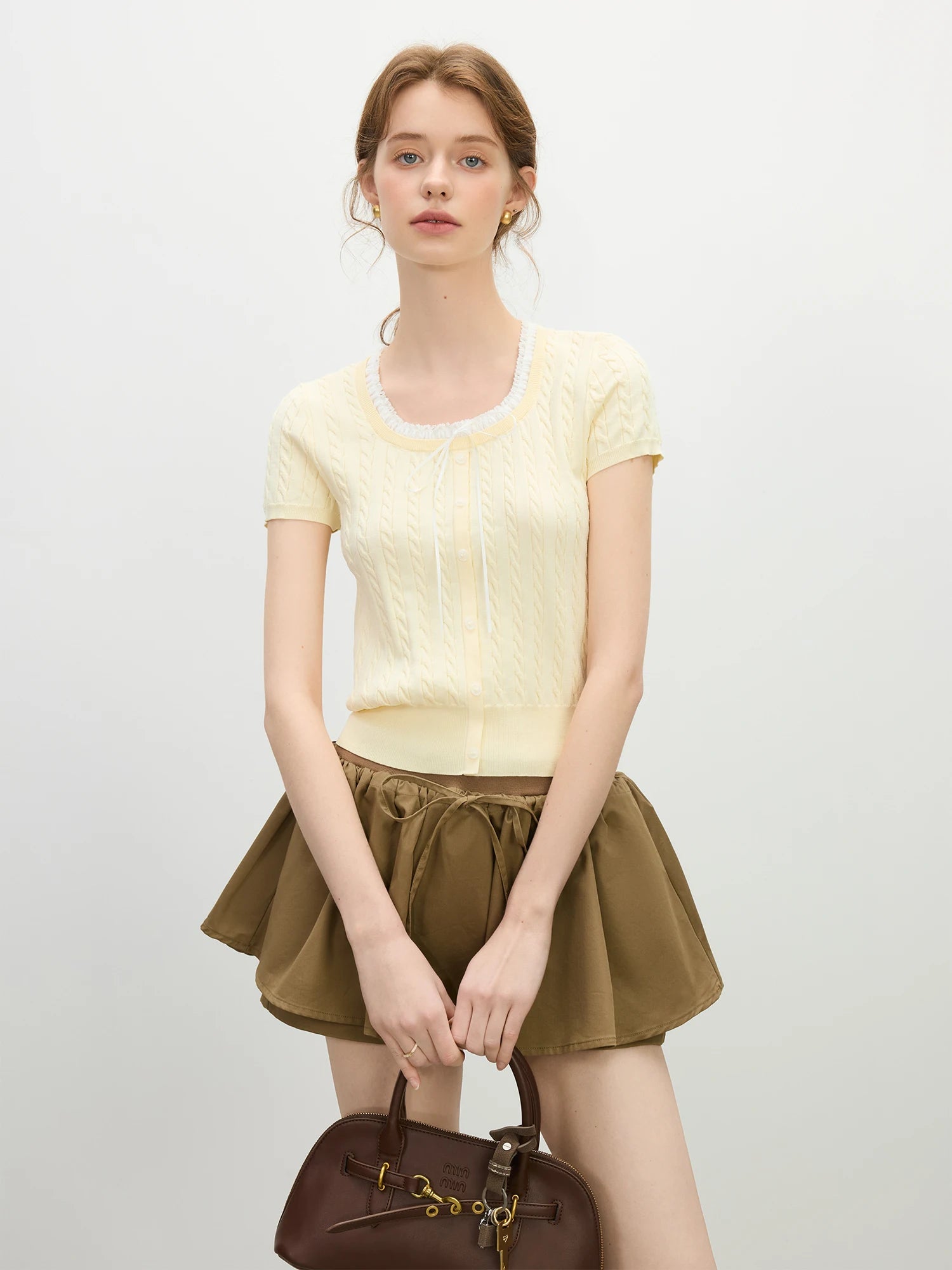 FSLE Youthful Cable Knit Two-Piece Top 2025 Summer Lace Trim Collar Slim Fit Day to Night Outfit Casual Loose Tops
