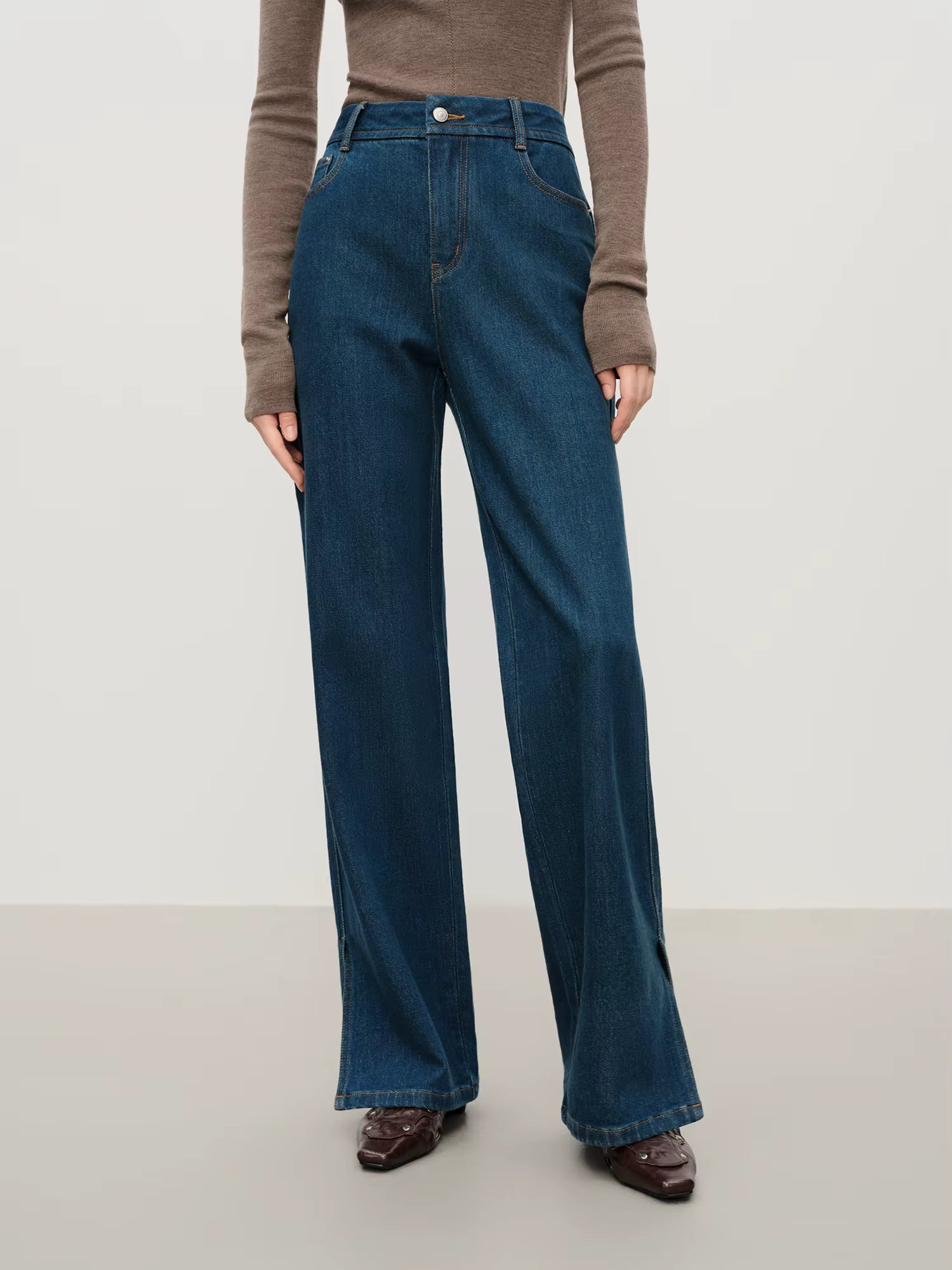 High-Waisted Black Wide-Leg Jeans with Slit Detail, Women's Fashion Casual Stretch Denim Trousers