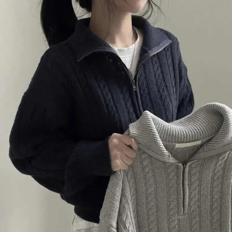 Deeptown Korean Fashion Half Zipper Sweaters Women Vintage Twisted Knitted Crop Pullover Casual Sueter Mujer Long Sleeve Tops