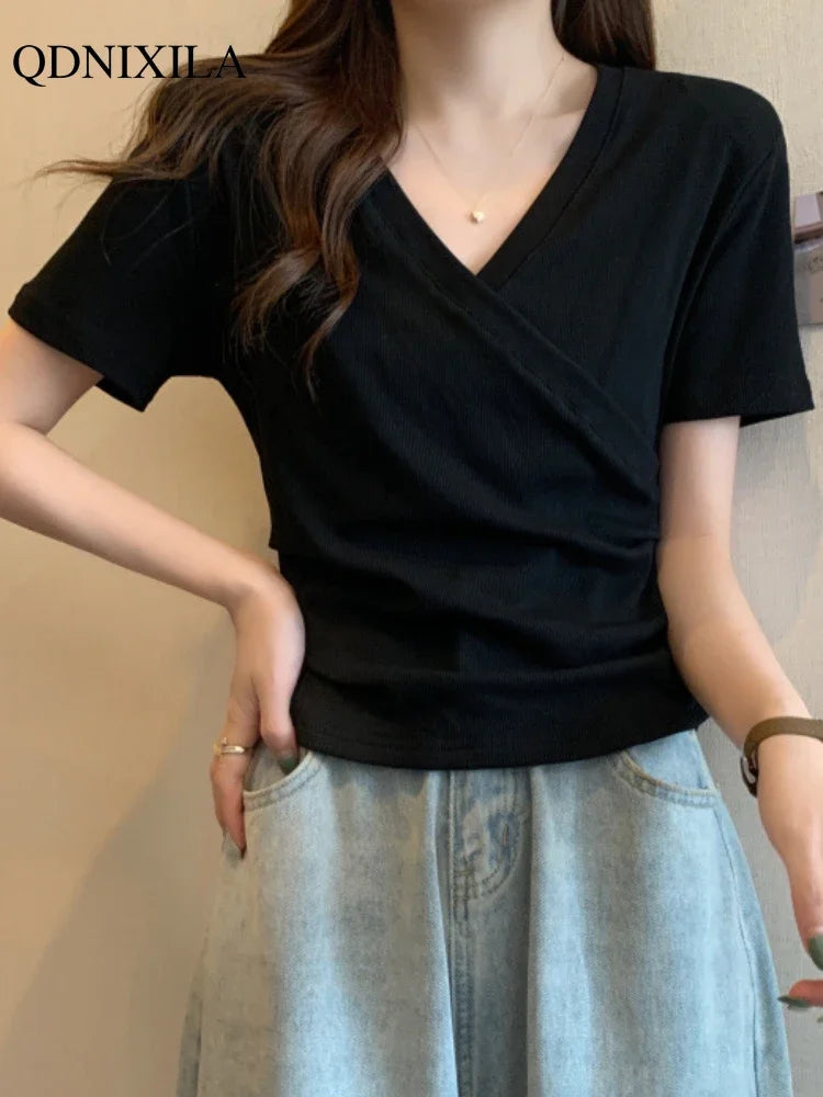 2024 Summer New Korean Fashion Cross V-neck Women's T-shirt Short Sleeve Slim Bottoming Shirts Crop Top Youthful Woman Clothes