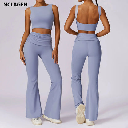 NCLAGEN 2 Pieces Yoga Set Women Stretchable Running Sports Fitness Suit Crop Tank Top Bra & Workout Flared Pants Gym Sportwear